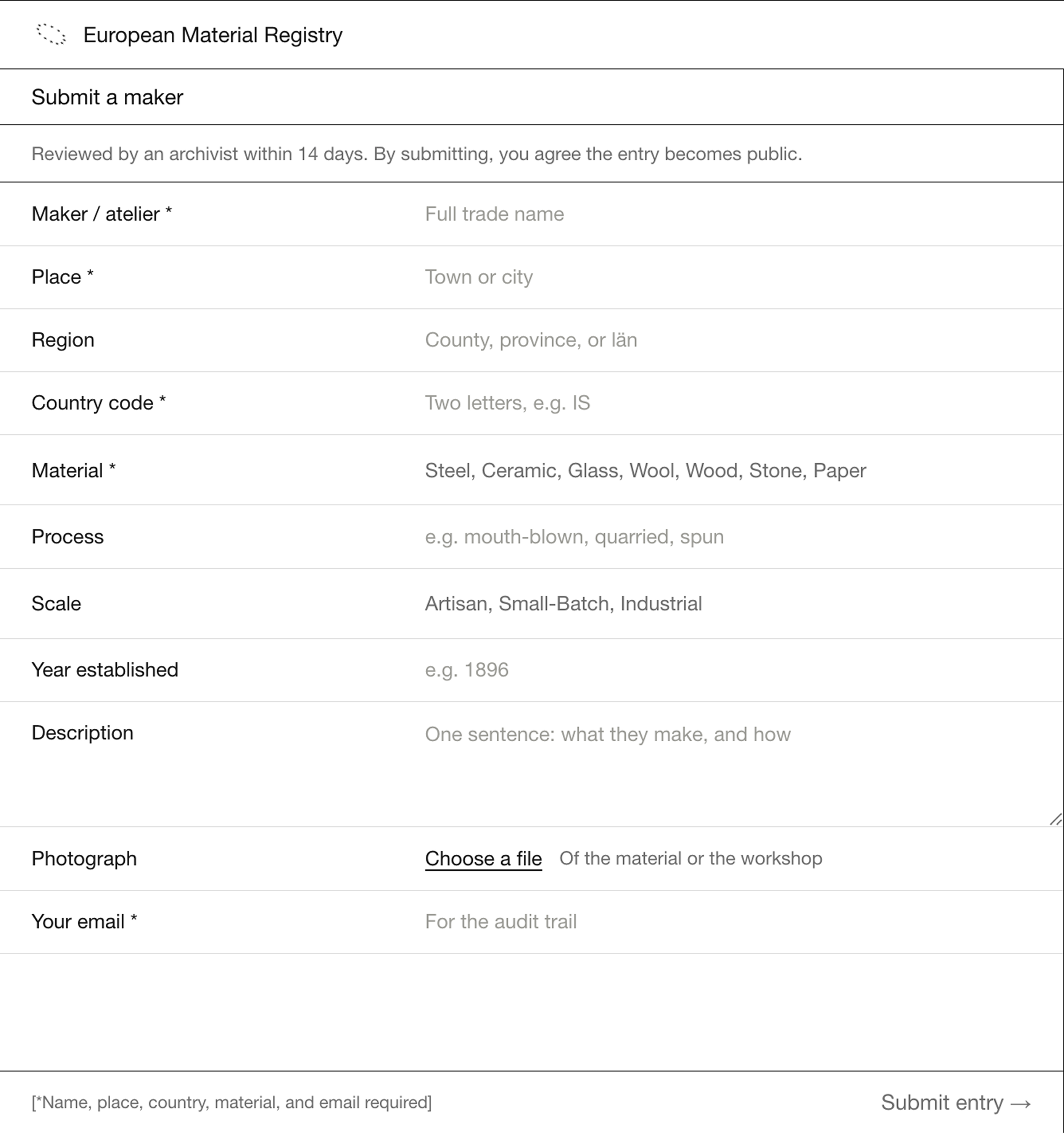 European Material Registry submission interface